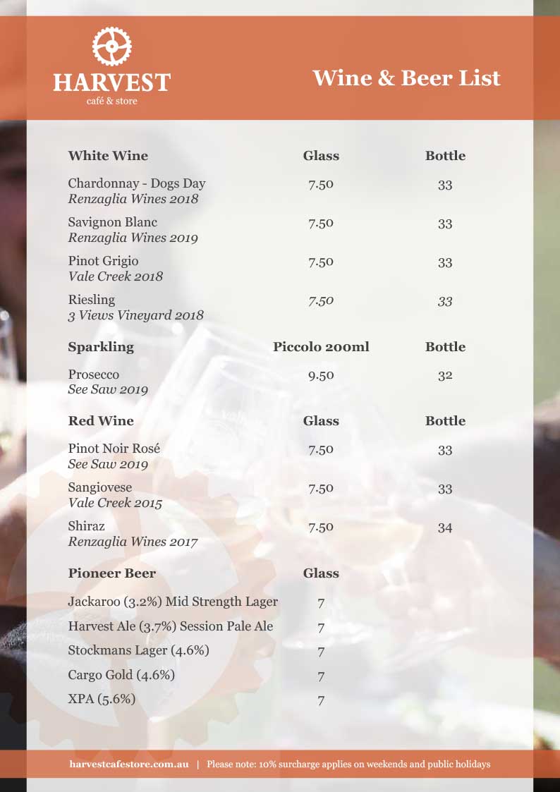Wine & Beer List | Harvest Cafe & Store, Bathurst