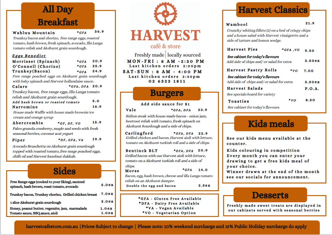 Harvest Cafe & Store Summer Menu 2023